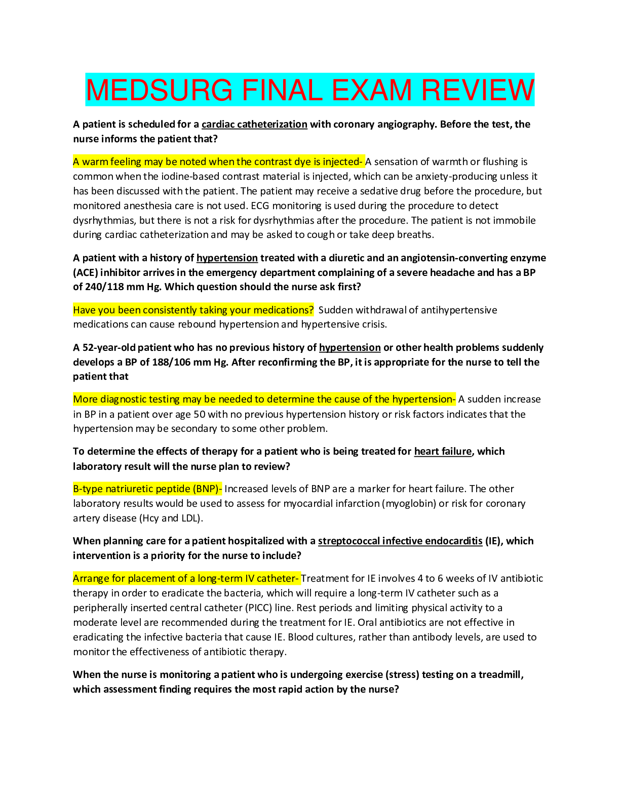 Preview image for MEDSURG FINAL EXAM REVIEW - CHAMBERLAIN COLLEGE OF NURSING | GRADED A